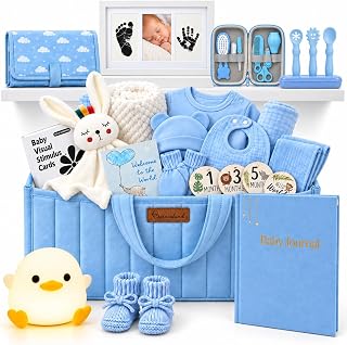35-Piece New Baby Boy Gift Basket with Unique Baby Shower Gifts for Boys | The New Baby Gift Basket includes Newborn Gifts for Baby Boy. Ideal for Baby Shower Gift Basket Events with Newborn Boy Gifts