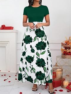 Plus Size Bohemian Floral Printed Short Sleeve T-Shirt Dress for Women, Spring/Summer Crew Neck A Line Midi Dress