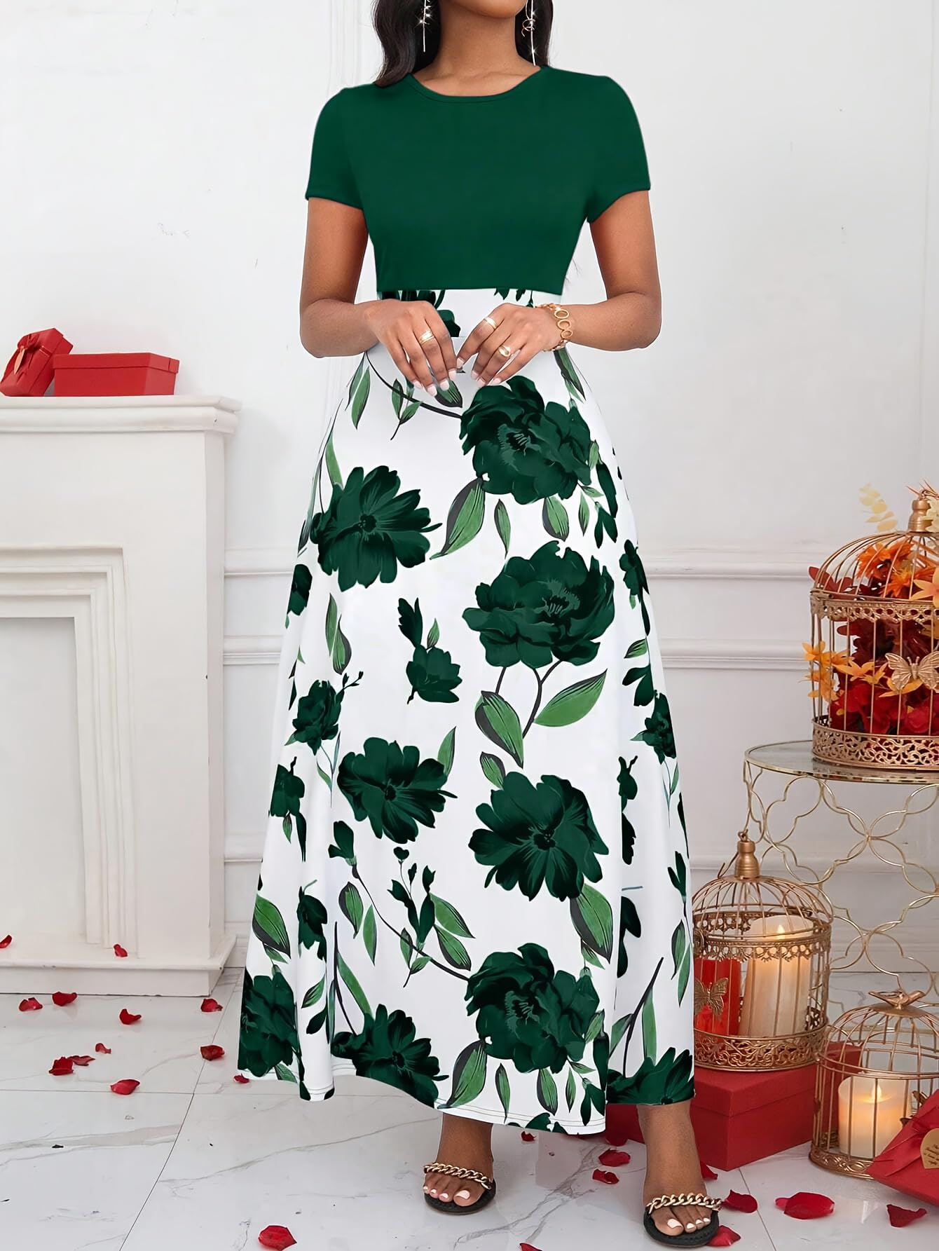 Plus Size Bohemian Floral Printed Short Sleeve T-Shirt Dress for Women, Spring/S