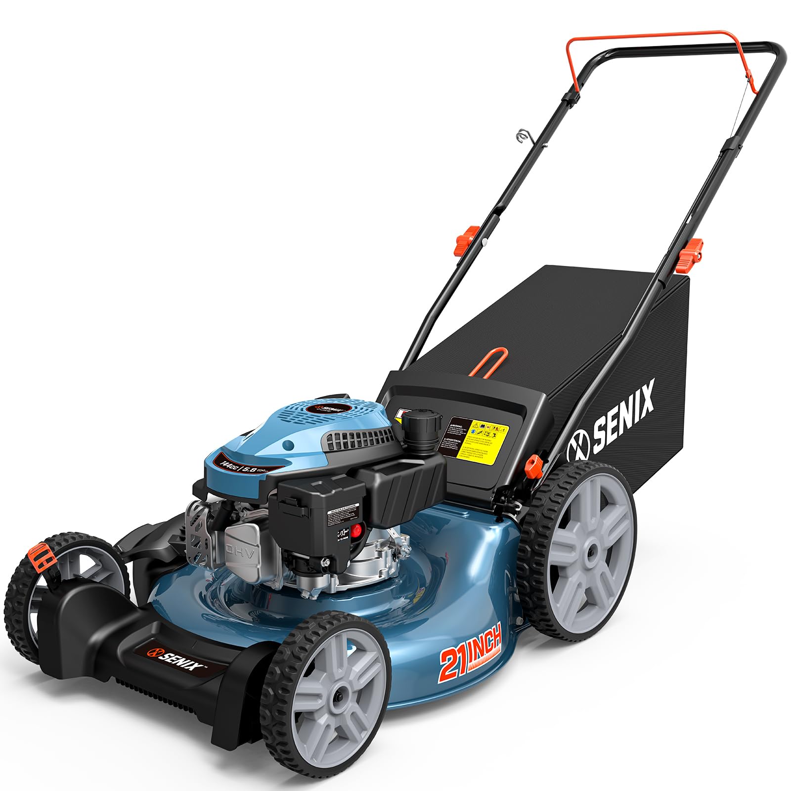 SENIX 21" Gas Lawn Mower 144cc, 3-in-1 Push Mower Mulch Bag Side Discharge | 4-S