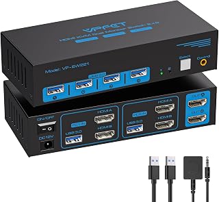 8K HDMI KVM Switch 2 Monitors 2 Computers, USB 3.0 Dual Monitor KVM Switch 4K@120Hz High Refresh Rate, Share Keyboard Mouse and USB Devices, Extended Display for PC Laptop Gaming Workstation