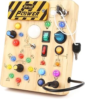 Joyreal Montessori Busy Board 2 Year Old, Wooden Fidget Sensory Toy for Toddlers, Activity Board with 19 LED Lights, Educational Travel Toy for Boys Girls 2 3 4 Year Old