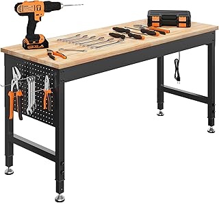 CAMMOO 60" Adjustable Workbench, 2000LBS Max Load, Pegboard & Power Strip | Rubberwood Tabletop, for Garage, Workshop, Home
