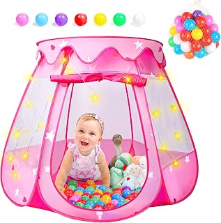 DISHIO Ball Pits with 50 Balls, Pop up Tents for Kids with Star Lights | Ball Pit for Kids, Princess Tent Toy for yrs Baby Birthday Gifts for Girls, Easy to Assemble Storage (50 Balls Included)