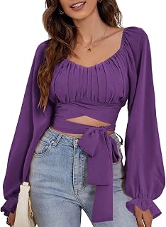 Rooscier Women's Ruched Wrap Square Neck Flounce Long Sleeve Self Tie Crop Top Blouse