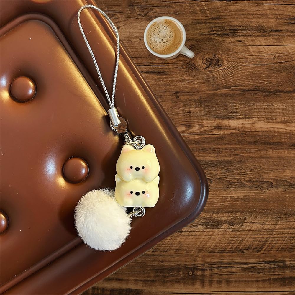 Cute Cartoon Dog Keychain Cartoon Animal Phone Charm with Plush Ball Portable Ba