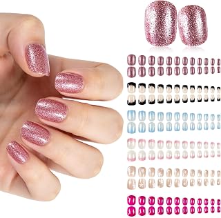 6 Pack(144pcs) Press On Nail Short Design, Glossy French Fake Nail Oval Glue On Nail Set Nail File with Adhesive Tabs Acrylic Fake Nail Kit for Women