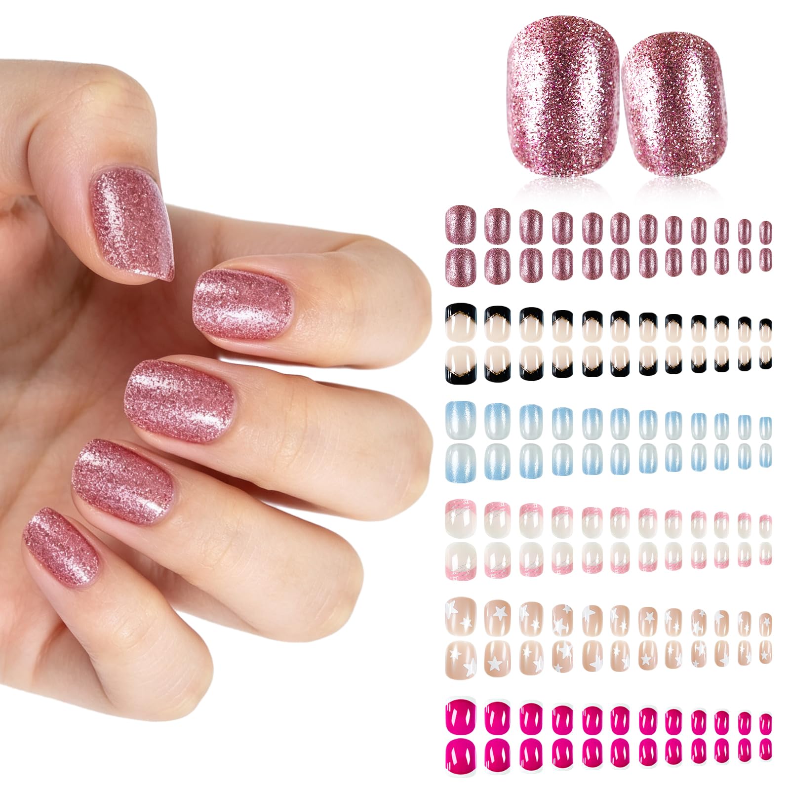 6 Pack(144pcs) Press On Nail Short Design, Glossy French Fake Nail Oval Glue On 