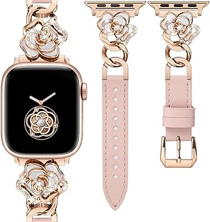 Minyee Compatible with Apple Watch Band 42/41/40/38/44/45/46/49mm Women Elegant Leather Metal Chain Strap with Sparkly Camellia Charms for iWatch Series 11 10 9 8 7