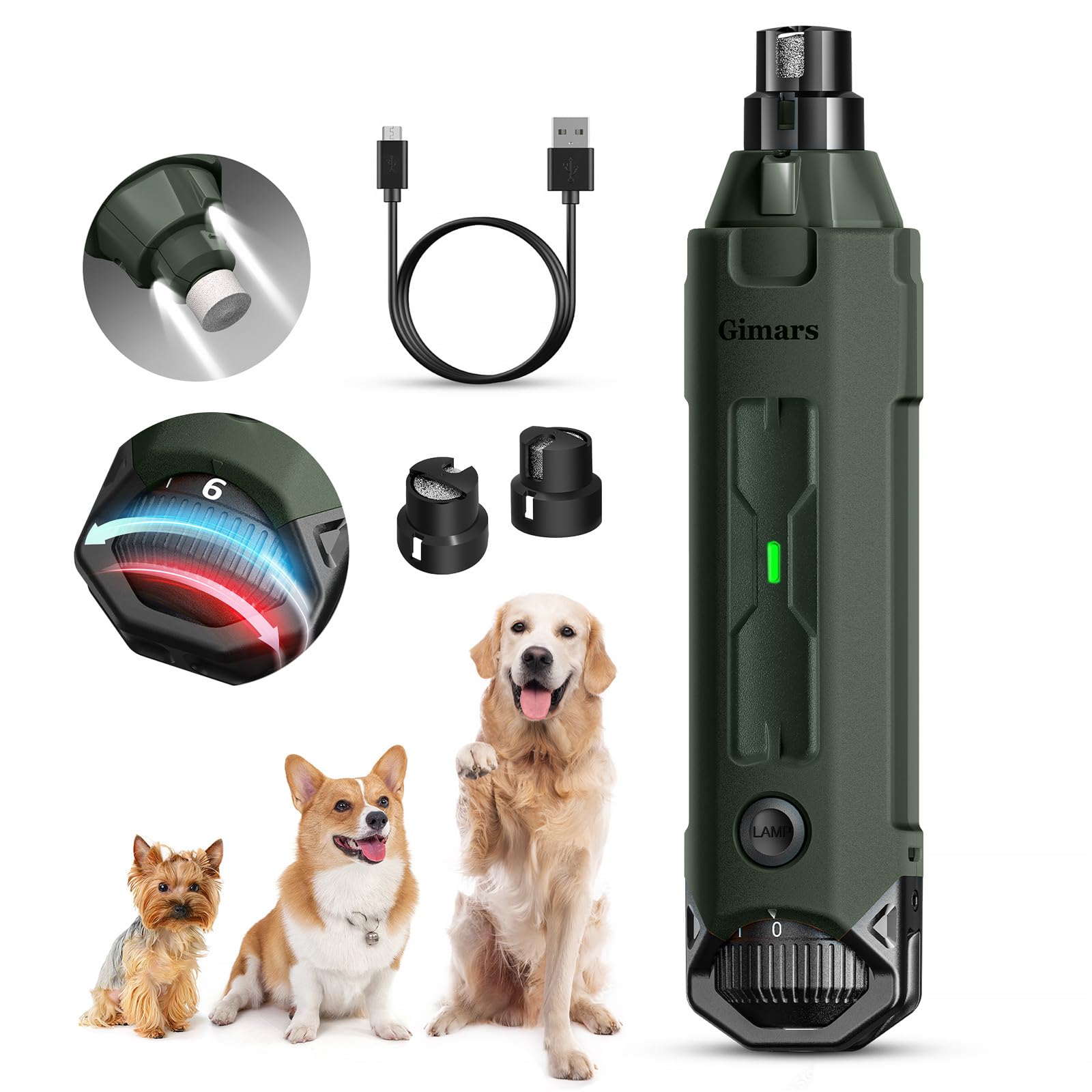 Gimars Adjustable 6 Speeds 12000rpm Dog Nail Sharpener 45dB Double Led-Light Pet