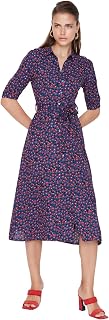 Trendyol Women Midi Shirt Dress Regular Fit Woven Dress, Indigo, 8