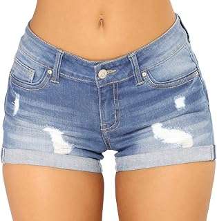vanberfia Stretchy Womens Jean Shorts: Mid Waisted Rolled Hem Denim Shorts