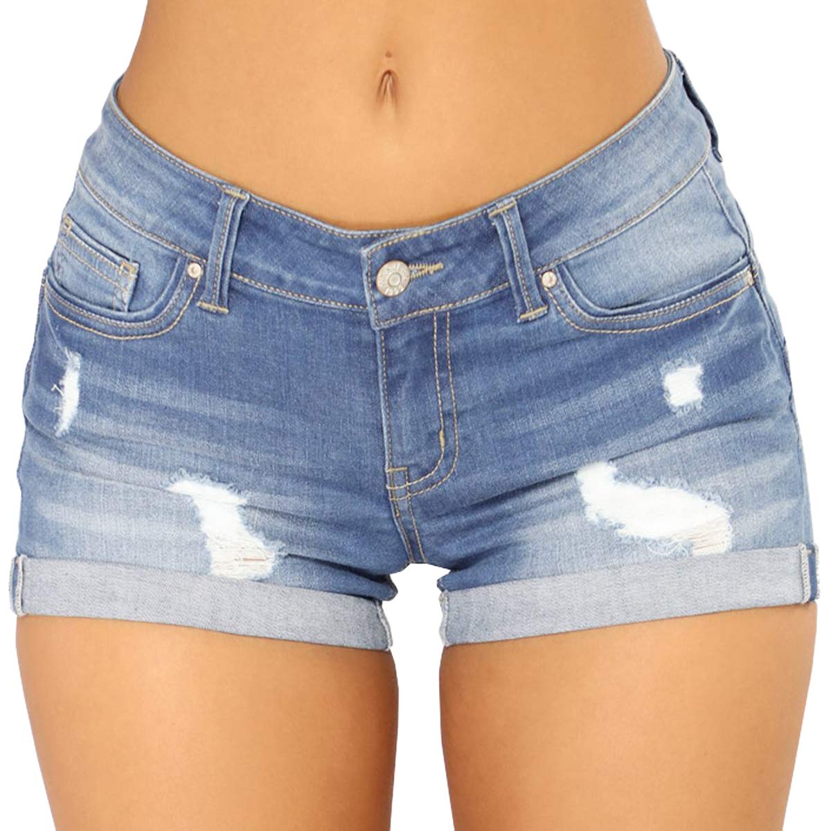 vanberfia Stretchy Womens Jean Shorts: Mid Waisted Rolled Hem Denim Shorts