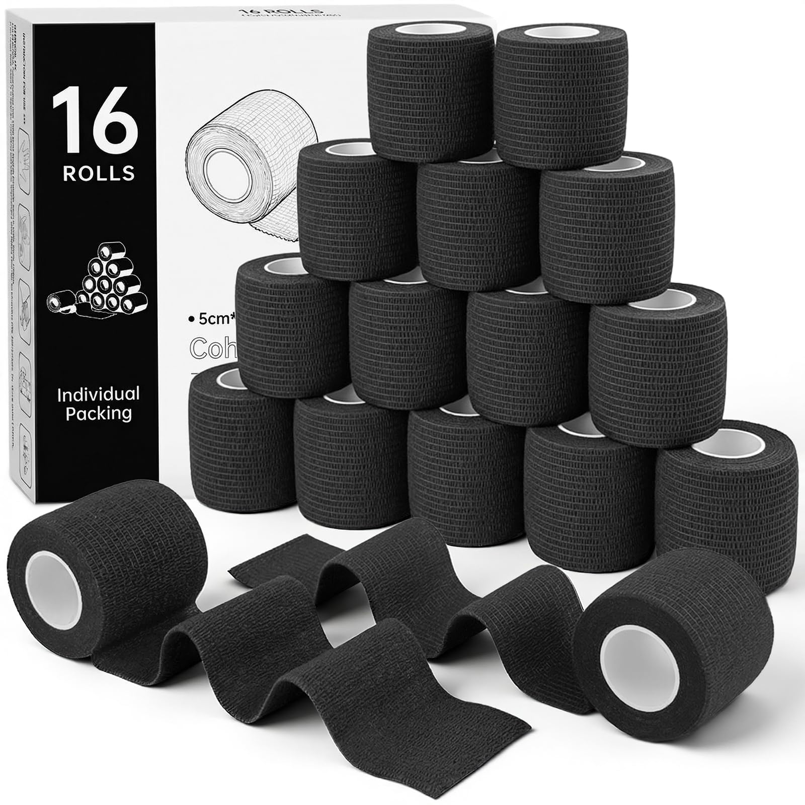 HONYAO Self Adhesive Bandage 16 Rolls, 5cm x 4.5m Pet Vet Wrap for Dogs Cats, Co
