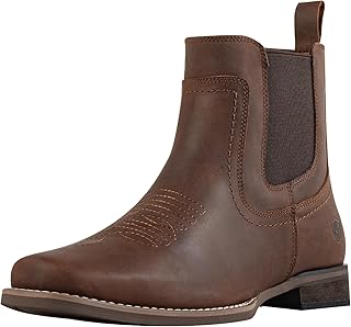 Chelsea Cowboy Boots for Men Western Square Toe Leather Dress Casual Work Ankle Boots Brown