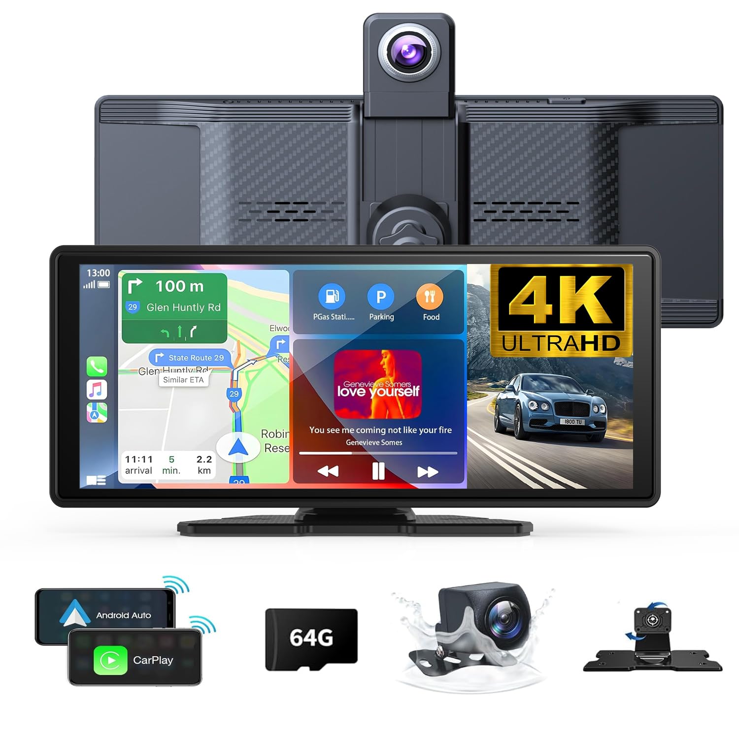 10.26" Wireless Carplay Screen 360 Rotation 4K Dash Cam Carplay & Android Auto C