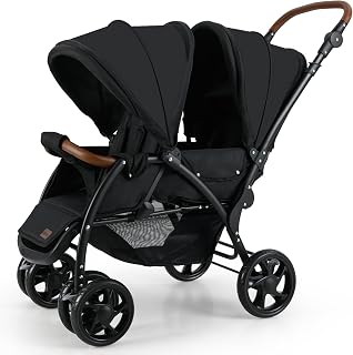 INFANS Double Stroller, Foldable Twin Stroller for Infants and Toddlers | Adjustable Backrest, Canopy Footrest, 5-Point Harness, Storage Basket, Convertible Compact Baby Tandem for Newborn, Black