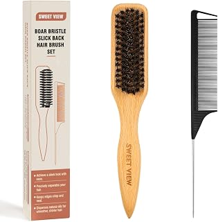SWEET VIEW Boar Bristle Slick Back Hair Brush | Smooth Flyaways, Frizz, Sleek Ponytail, Buns and Edge Baby Hair, Gel Comb Styling Accessories for Girls, Kids and Women