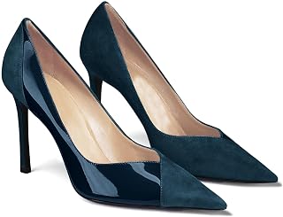 Coutgo Zapatos de tacón alto con punta puntiaguda para mujer, zapatos de vestir de gamuza de charol, sin cordones, para oficina, fiesta, boda, marino, 41 EU