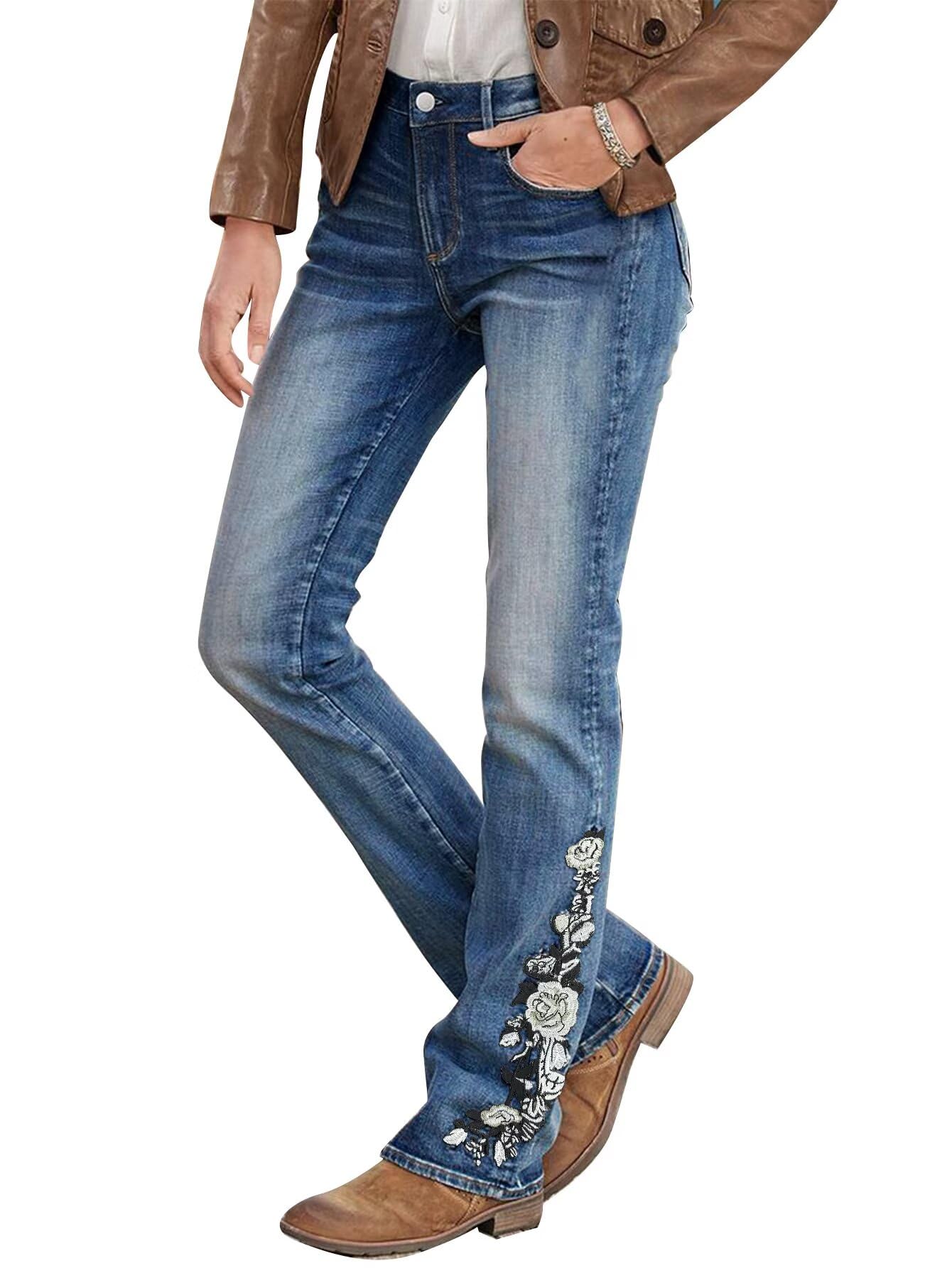 Flamingals Floral Embroidered Bootcut Jeans for Women