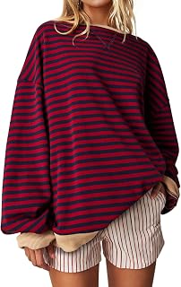 UEU Women Plus Size Striped Crew Neck Long Sleeve Color Block Casual Sweatshirts for Training