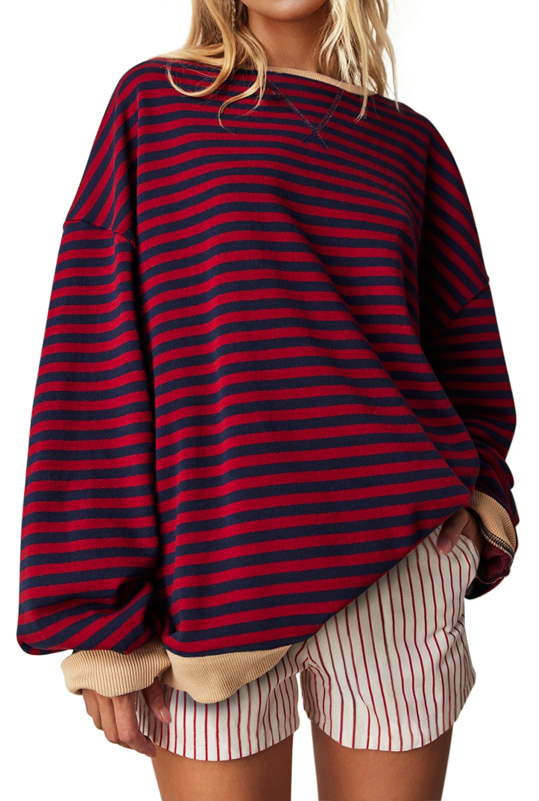 UEU Women Plus Size Striped Crew Neck Long Sleeve Color Block Casual Sweatshirts