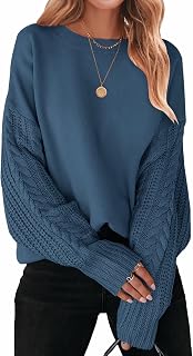 ZESICA Women's 2023 Autumn Long Sleeve Crew Neck Plain Cable Knit Chunky Knit Casual Oversize Pullover Sweater Tops