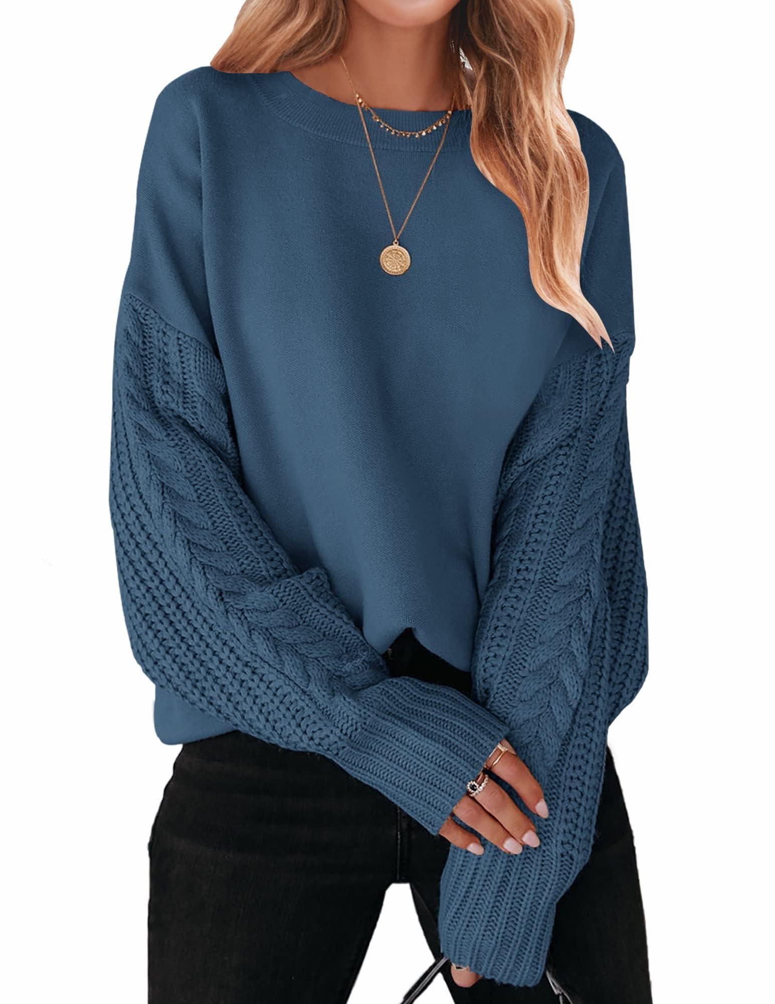 ZESICA Women's 2023 Autumn Long Sleeve Crew Neck Plain Cable Knit Chunky Knit Ca
