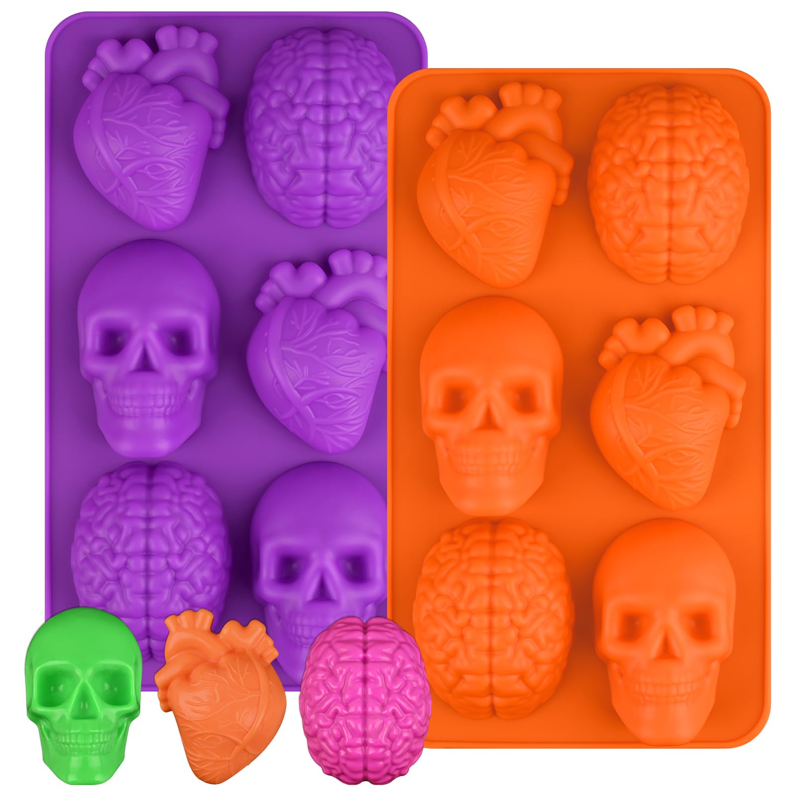 Sakolla Skull Brain and Heart Silicone Mold, 2 Pack Halloween Baking Molds for M