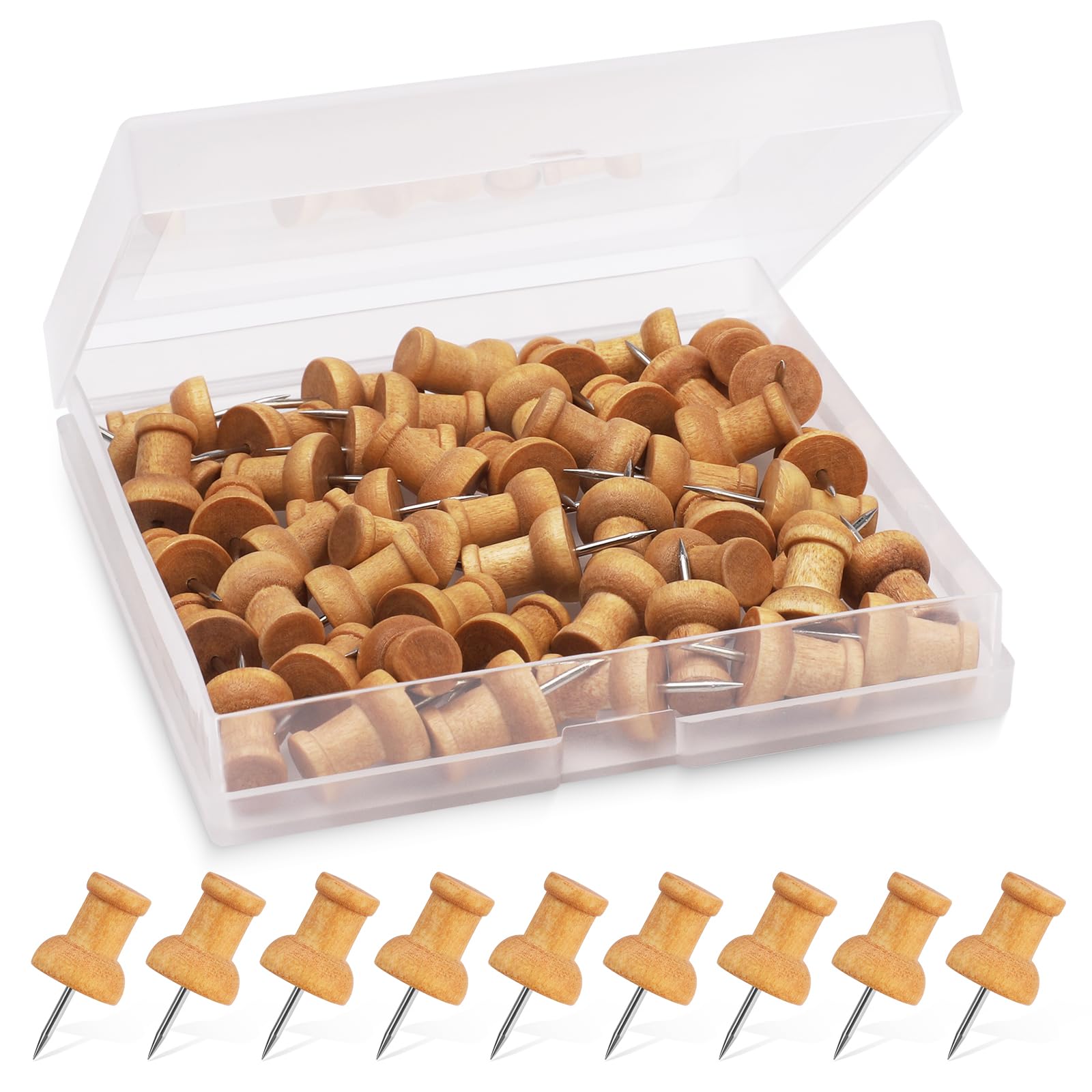 50 PCS Wooden Push Pins, Natural Cork Board Pins for Noticeboards | Wooden Drawi