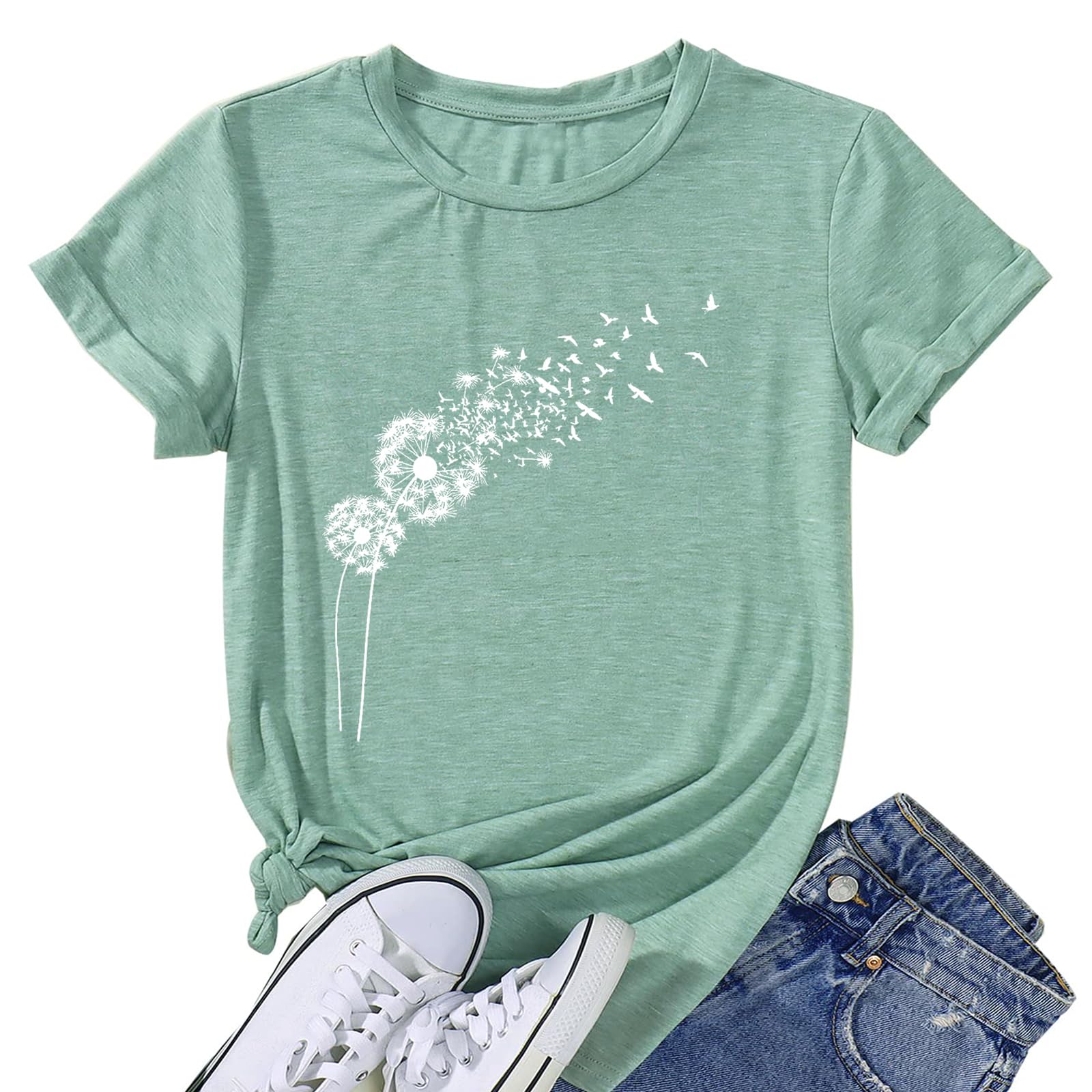 Womens Dandelion T Shirts Sunflower Graphic Short Sleeve Casual Tops