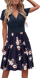 STYLEWORD Women Summer Dress Short Sleeve Summer Dress V Neck Floral Wrap Waist Casual Dress with Pockets