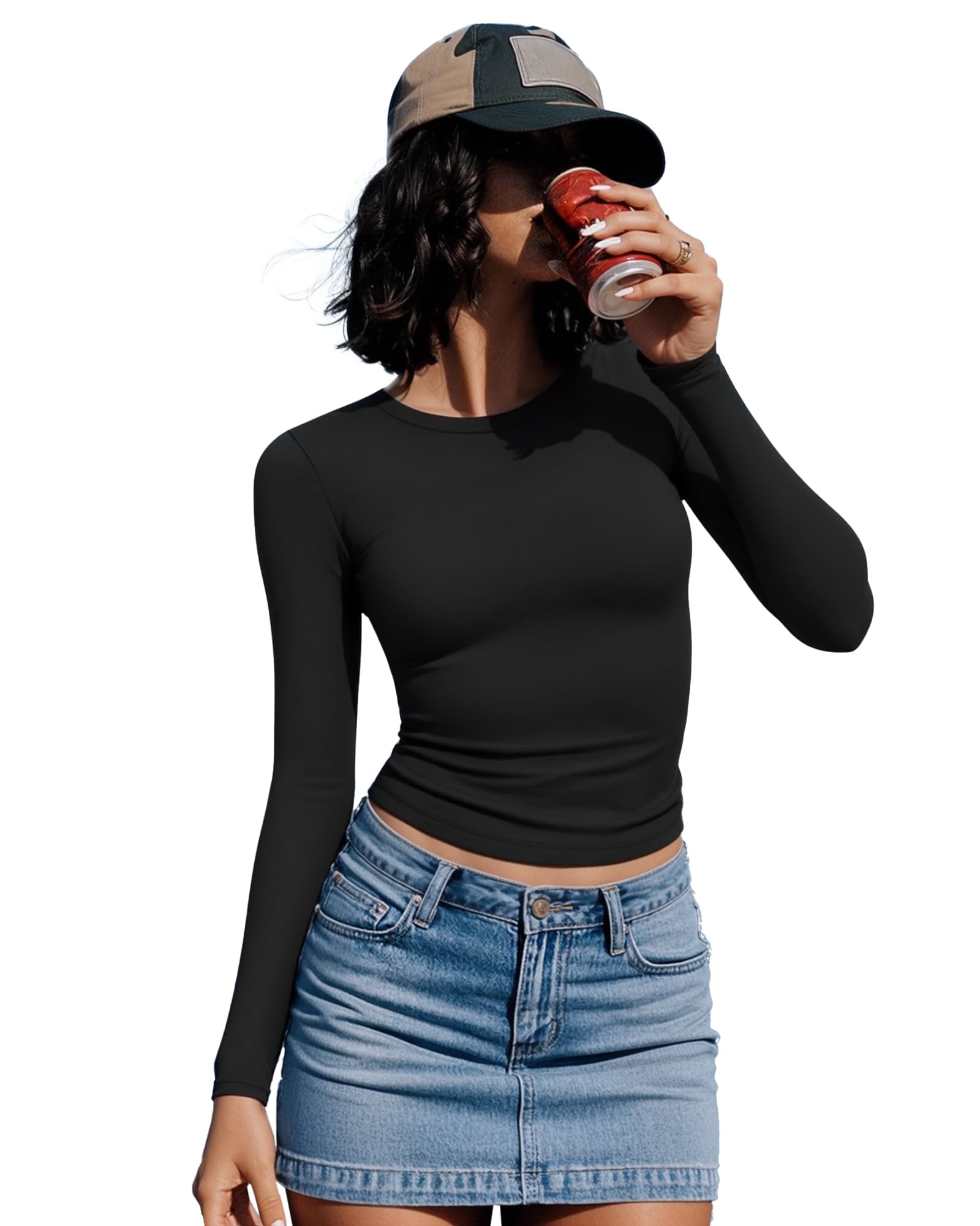 Women's Crew Neck Long Sleeve Tops Fitted Shirts Tight Neck Basic Tee T Shirts