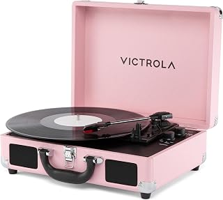 Victrola Journey II - Bluetooth Suitcase Record Player - Pink | Built-in stereo speakers, 3-speed turntable plays 7", 10" and 12" records, Bluetooth in and out, headphone jack
