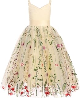 OBEEII Flower Girl Dress for Wedding Pleated V Neck Tulle Satin Princess Dress for Bridesmaids Pageant Formal Prom Dress