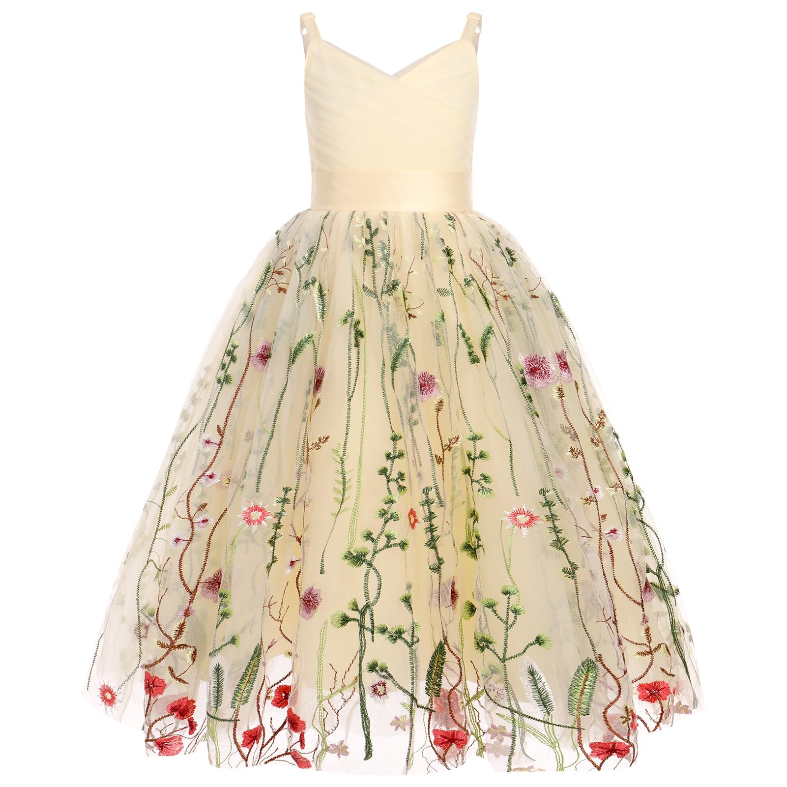 OBEEII Flower Girl Dress for Wedding Pleated V Neck Tulle Satin Princess Dress f