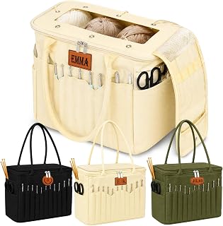 Personalized Crochet Bag Organizer with Name Leather Patch, Canvas Yarn Bag | Custom Large Knitting Storage Bag with Multiple Pockets & Yarn Holes, Crochet Gift for Women, Mom, Grandma & Yarn Lovers