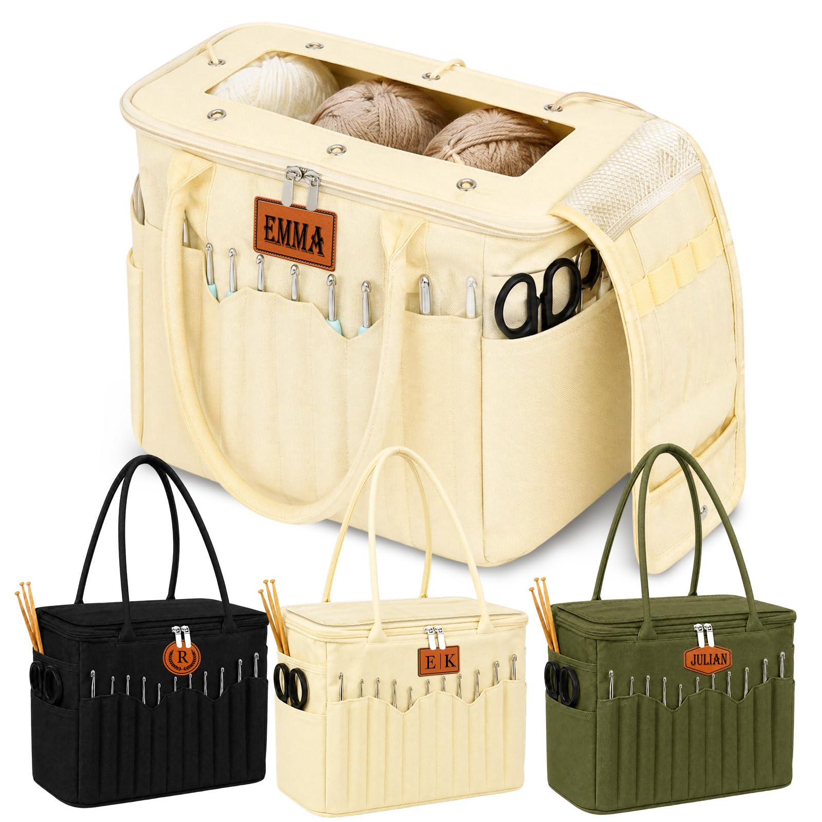 Personalized Crochet Bag Organizer with Name Leather Patch, Canvas Yarn Bag | Cu