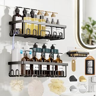 Veken Large Capacity shower caddy, Rustproof Shelves, 3-Piece Set, Black | No Drilling Adhesive Rack with Soap Holder&Hooks, High-Load Bathroom Organizers and Storage, Wall-Mounted Kitchen&Home Decor