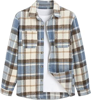 ZAFUL Men's Plaids Shirt Long Sleeve Button Down Lightweight Flannel Jacket Wool Blend Shacket Casual Shirts with Pockets