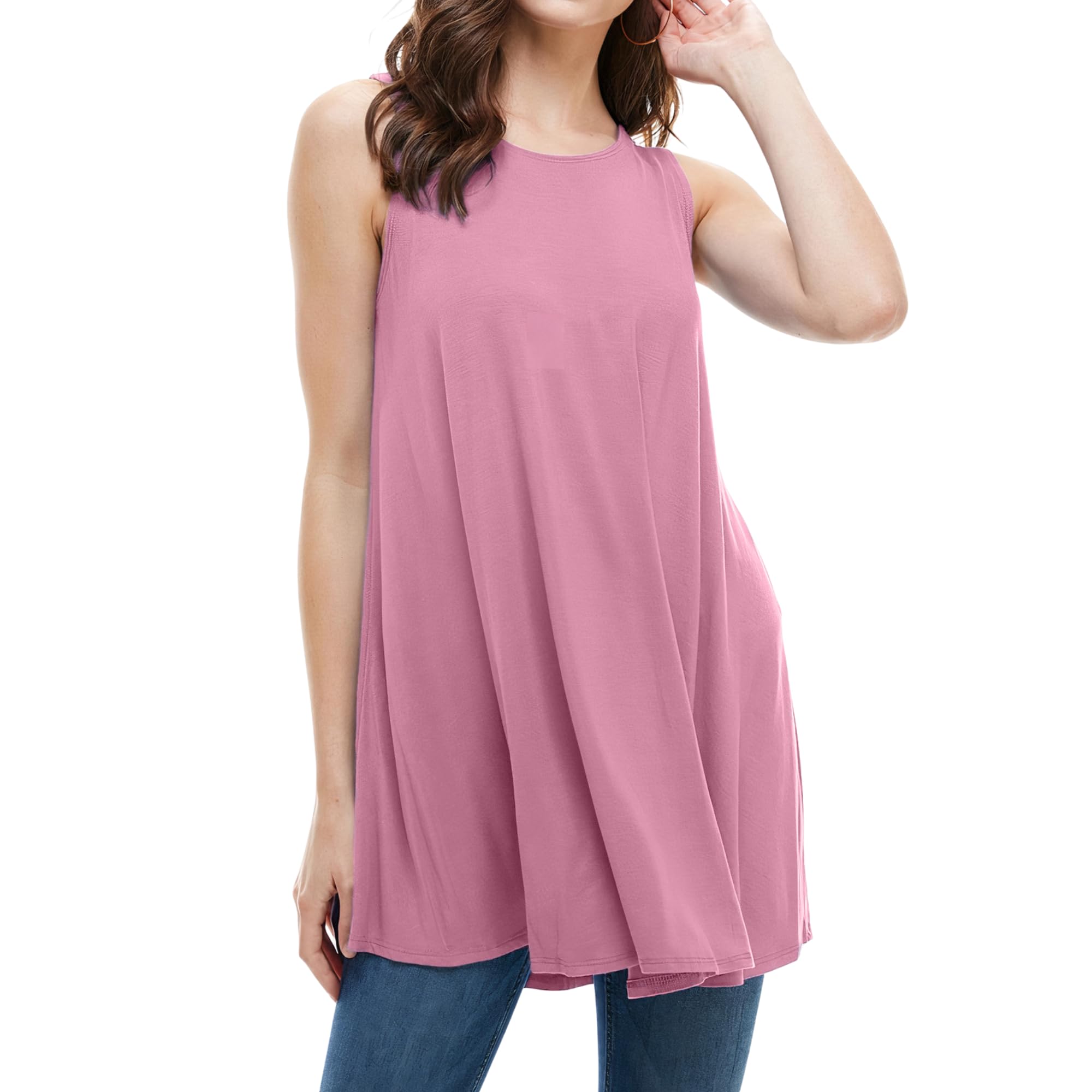 Sleeveless Tunic Top, Flowy Loose Fit Rayon Dressy Long Tunic Tank Tops for Wome