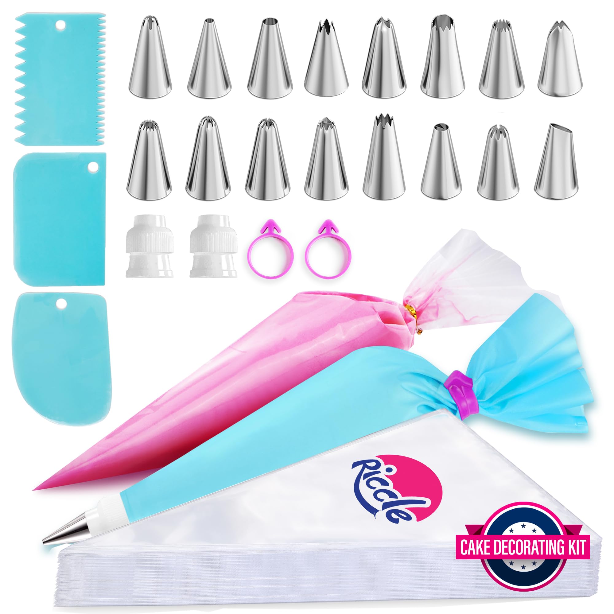 Riccle Piping Bags and Tips Set, 11.8 Inch 100 Anti Burst Piping Bags, 124 Pcs C