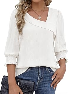 Funlingo Damen-Oberteil, 3/4-Ärmel, asymmetrisch, quadratischer Ausschnitt, elegant, lässig, für Business, Arbeit, Hemden mit gesmokten Bündchen