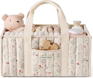 Blissful Diary Floral Diaper Caddy Organizer, Storage Basket, Floral Beige | Quilted Portable Baby Basket with Removable Dividers, Gift for Baby Shower, Newborn Essentials, Baby Registry Must Have