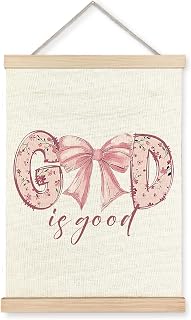 Jvpke God Is Good Wall Decor, Coquette Pink Bow Floral Christian Wall Art Poster Framed, Coquette Room Decor, Inspirational Religious Canvas Wall Decor Prints for Home Girls Room Decorations, 12x16 In