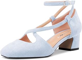 Castamere Women Medium Chunky Wide Heel Square Toe Cross Strap Pumps Party Cute Shoes