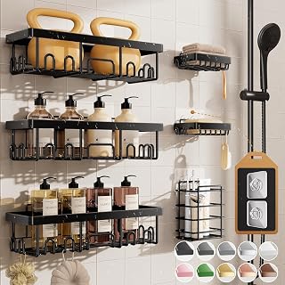 Veken Shower Caddy 6-Pack, Bathroom Organizers and Storage Shelves, Black | Advanced Rustproof Design, Large Capacity, No Drilling, Adhesive Rack with Soap Holder, Wall-Mounted Kitchen & Home Decor