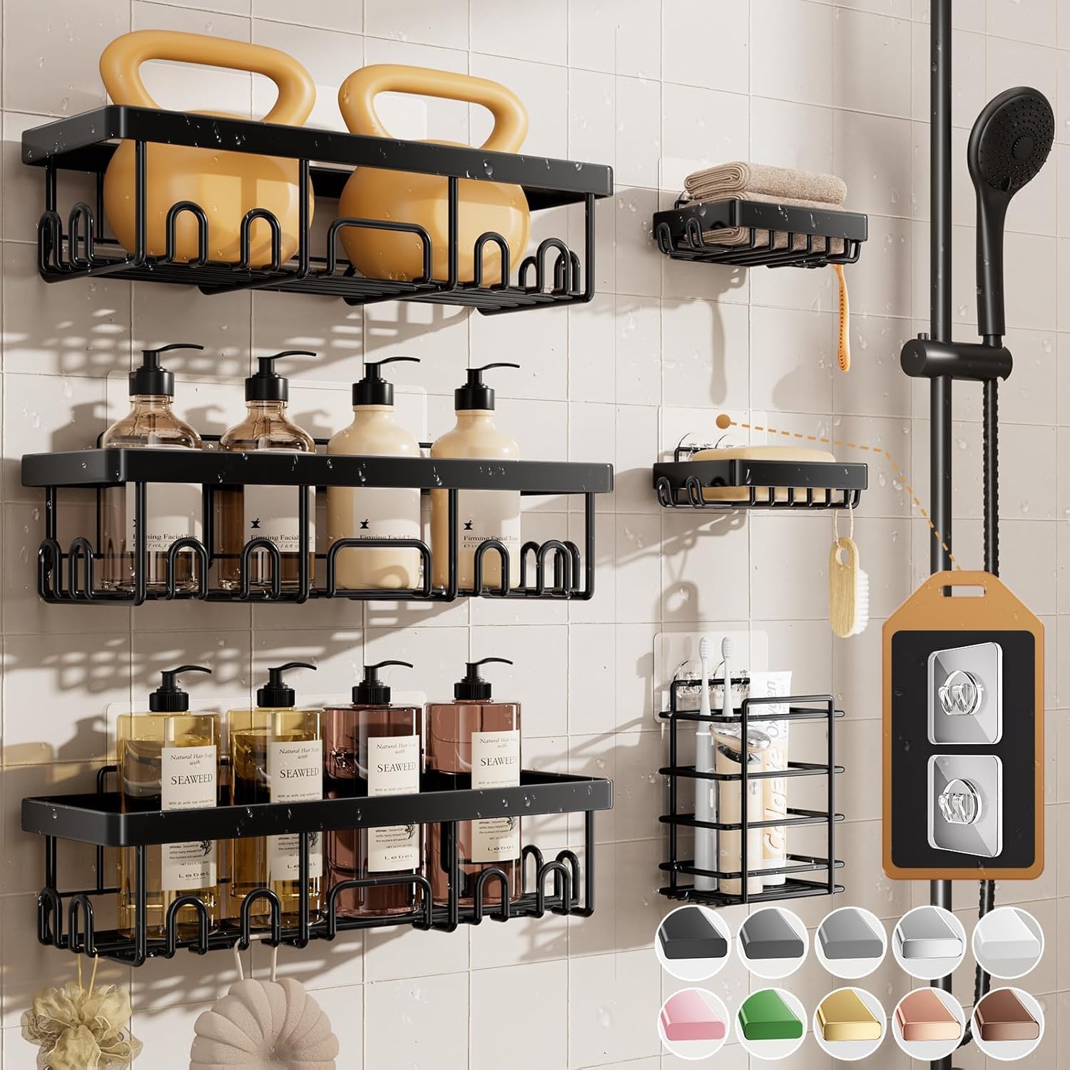 Veken Shower Caddy 6-Pack, Bathroom Organizers and Storage Shelves, Black | Adva