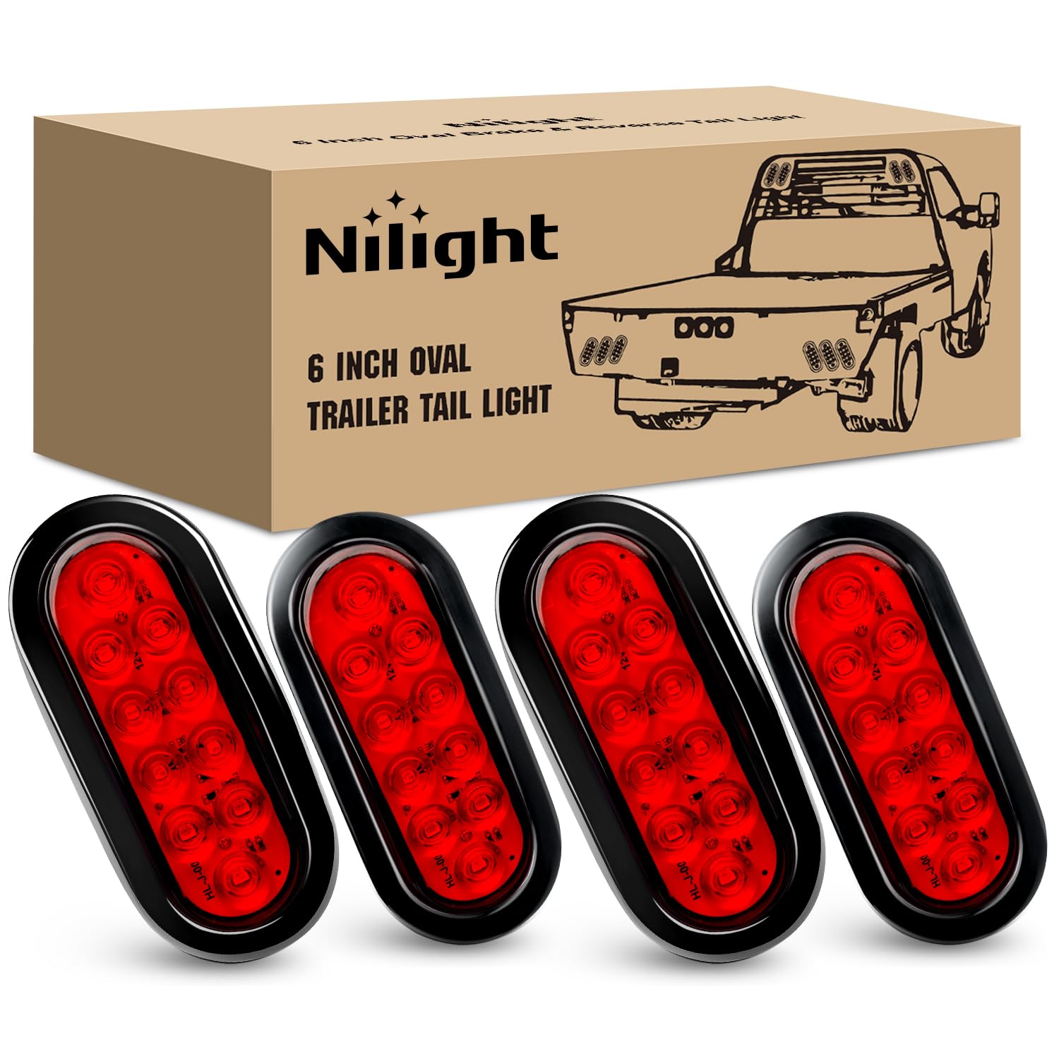 Nilight 6" Oval LED Trailer Tail Lights,Red,4 Pack, Grommets Mount | 10 LED