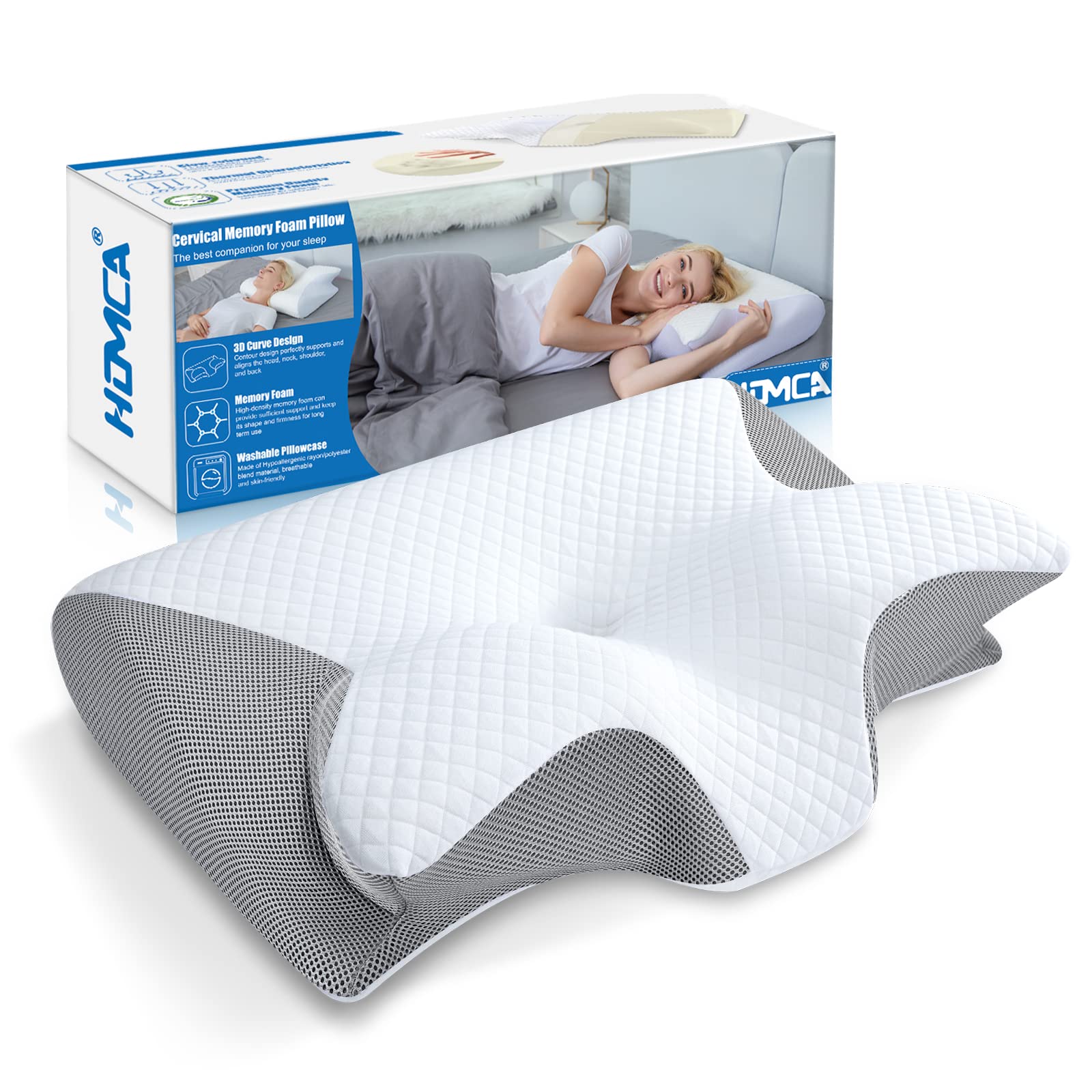 HOMCA Memory Foam Pillow, 2 in 1 Cervical Pillow for Neck Pain Relief, Ergonomic
